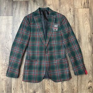 JF J Ferrar Sports Coat Slim Suit Jacket Men's S 34/36 Reg Plaid Red Green